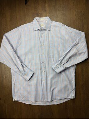 Peter Millar Light Blue Dress Shirt with Orange Windowpane Plaid